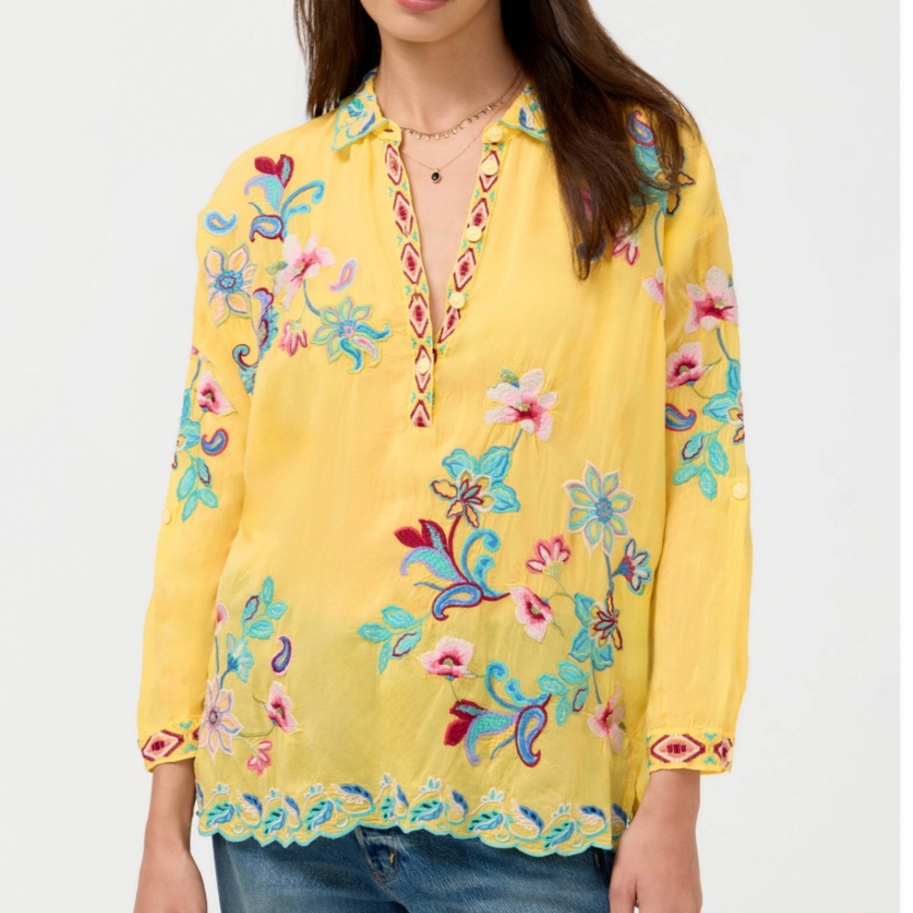 Johnny Was Embroidered Yellow Floral Tunic Top. M. NWT